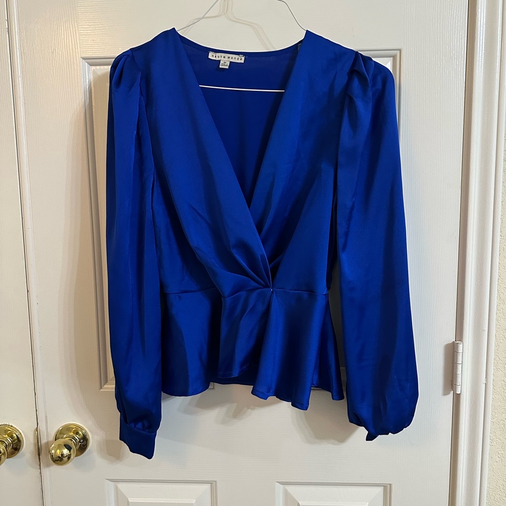 Haute Monde Blue Puff Sleeve Wrap Peplum Blouse